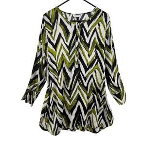Masai Size Medium Tunic Blouse Hidden Buttons Green White Black Pockets Viscose